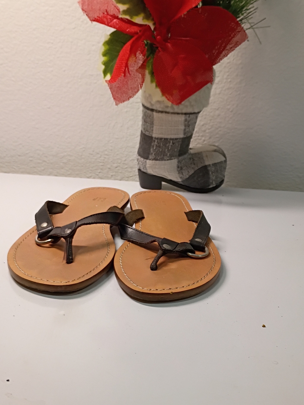 Women's Brown Faux-Leather Thong Sandals with Tan Footbed